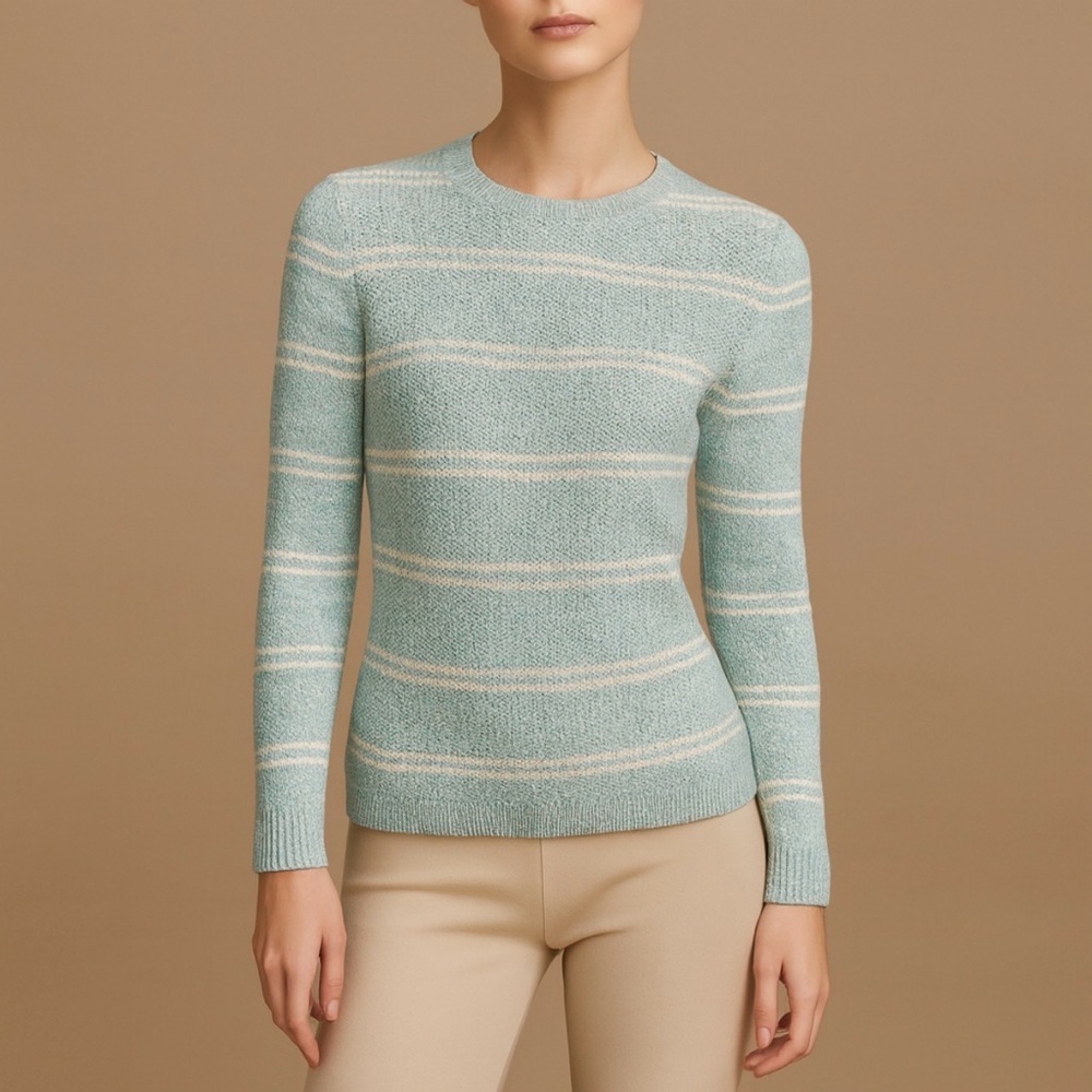 Cotton Blend Mint Green and Cream Striped Sweater Size Small Petite